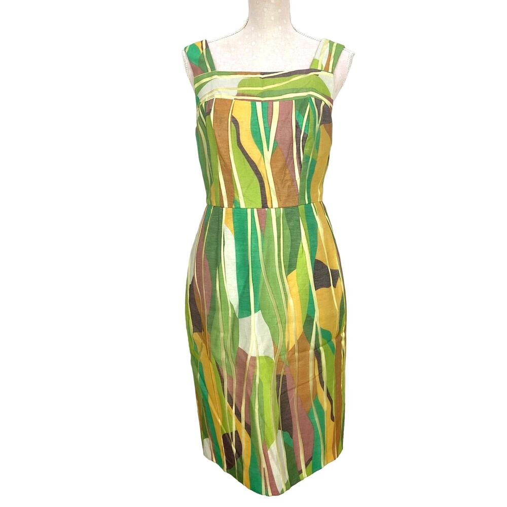 Kay Unger Cocktail Dress Size 8 Green‎ Brown Abstract Linen Blend Semi Formal